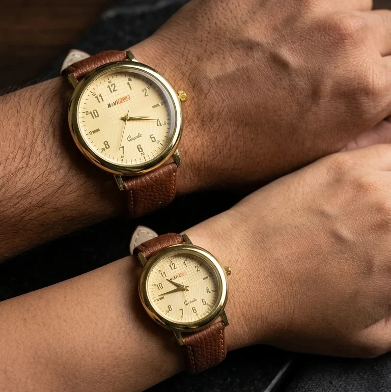 Navi Gold and Brown Couple Watch Set for Men and Women