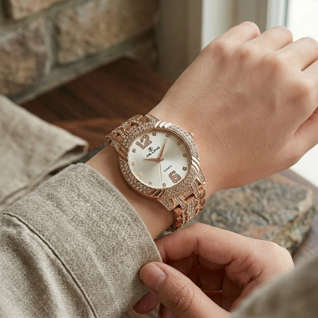 a women waaring rose gold watch