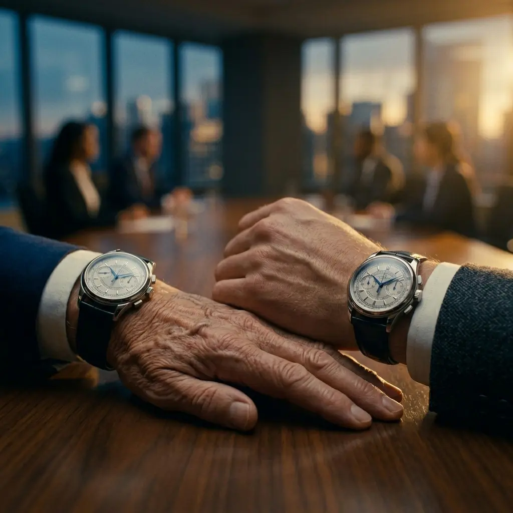 Two hands wearing classic luxury watches side by side — generational timepiece passing