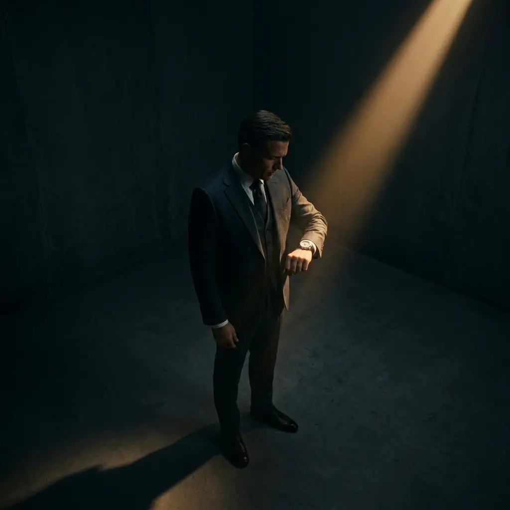 The Psychology of Luxury Watches Man in dark room looking at luxury watch on wrist